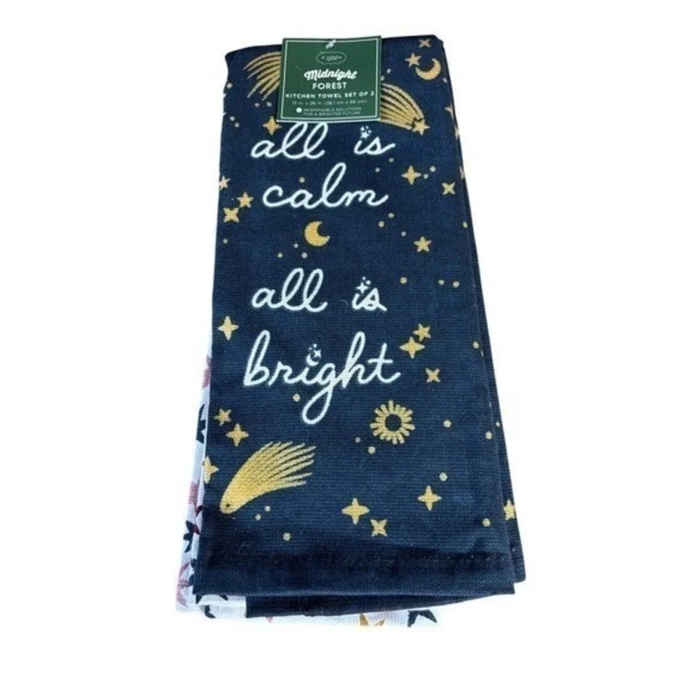 Midnight Forest Celestial Kitchen Towel Set Navy Gold & White Star Moon GIFT NEW
